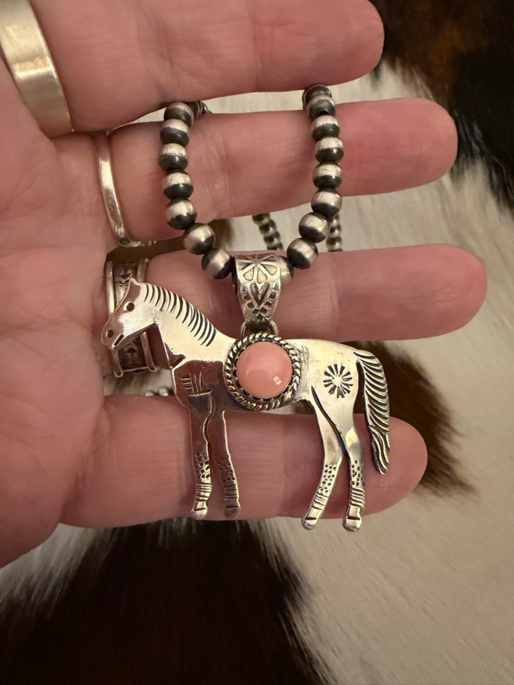 ❤️ Queen Pink Conch Sterling Hand Stamped Statement Horse Unisex Western Pendant